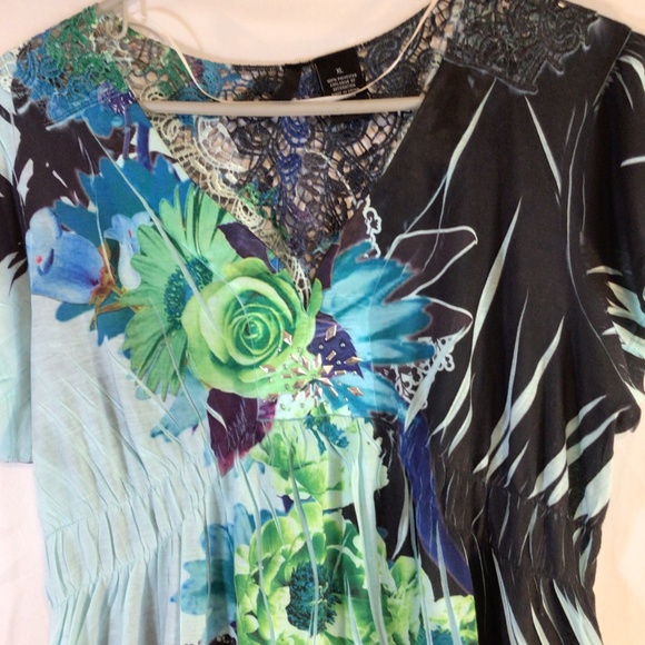 New Directions XL Floral Boho Tunic Top Abstract Print Short Sleeve Artsy Blouse - Picture 3 of 8